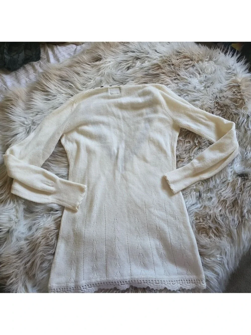 Free People Cream V Neck Sweater Black Embroidered Tassels